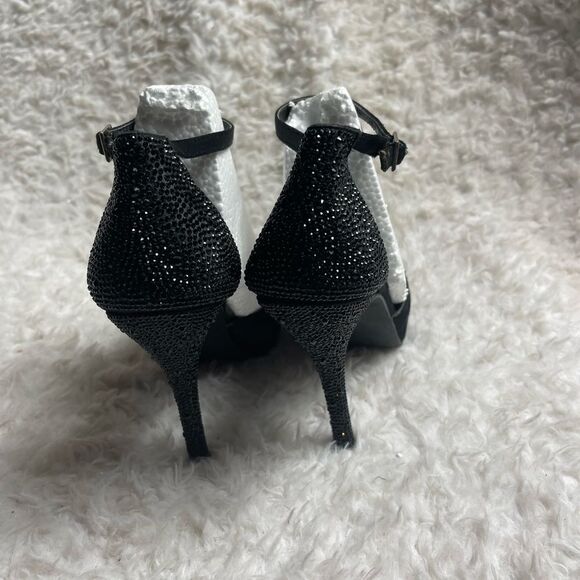 Steve Madden Black satin  With Sparkle Stones ankle strap platform heels SZ8.5 - Picture 2 of 9